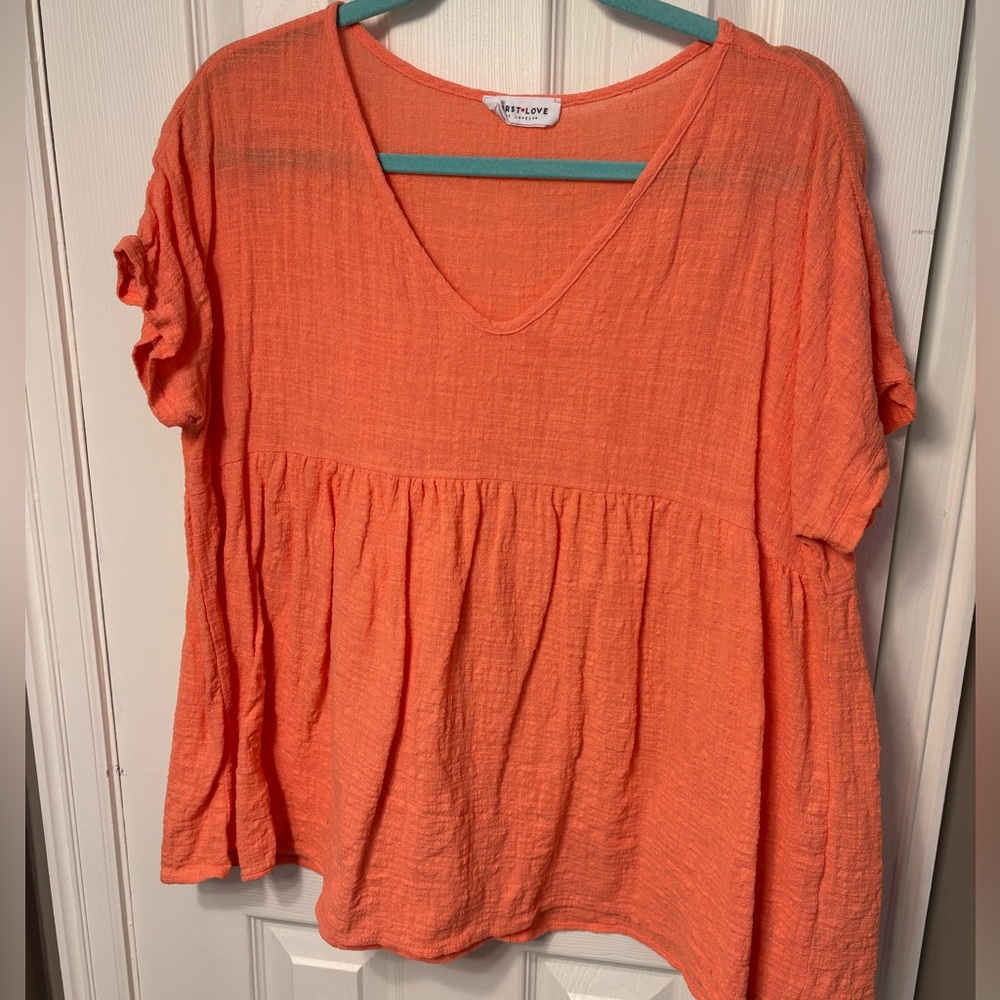 “First Love” Vibrant Orange Pink V-Neck Peplum Textured Blouse